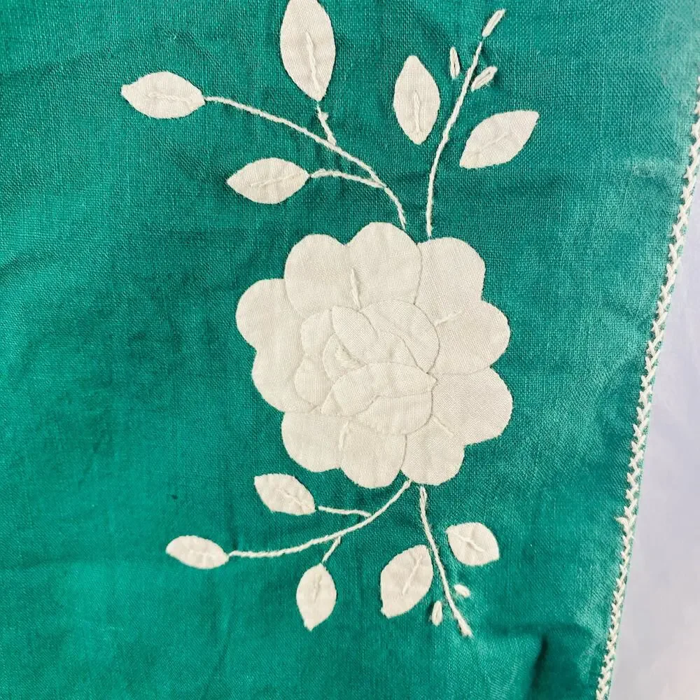 Vintage Green Table‎ Runner Placemats Napkins Floral Applique Cottagecore 8 sets